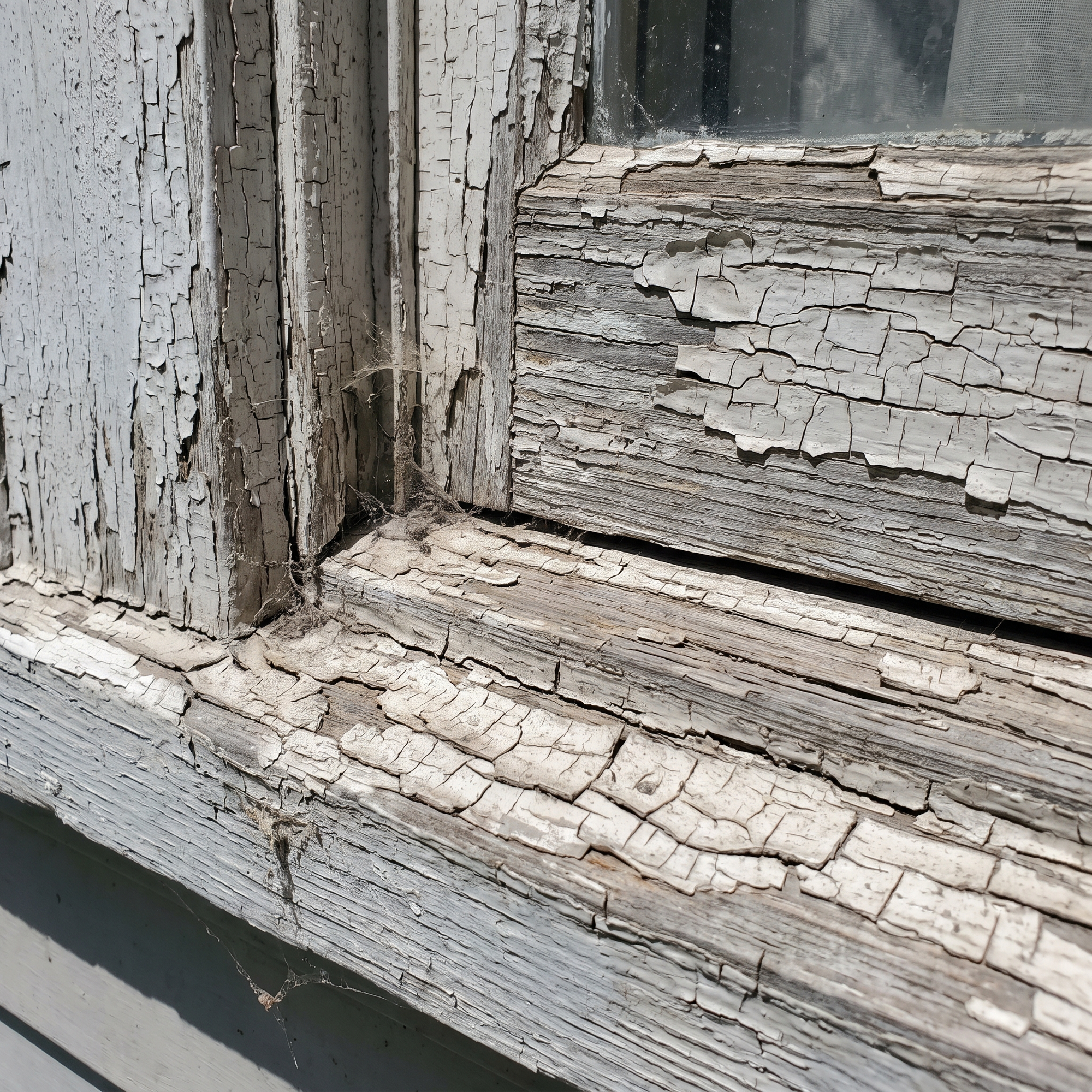 A close-up of cracked, peeling old lead paint alligatoring on a wooden window frame of a vintage home
