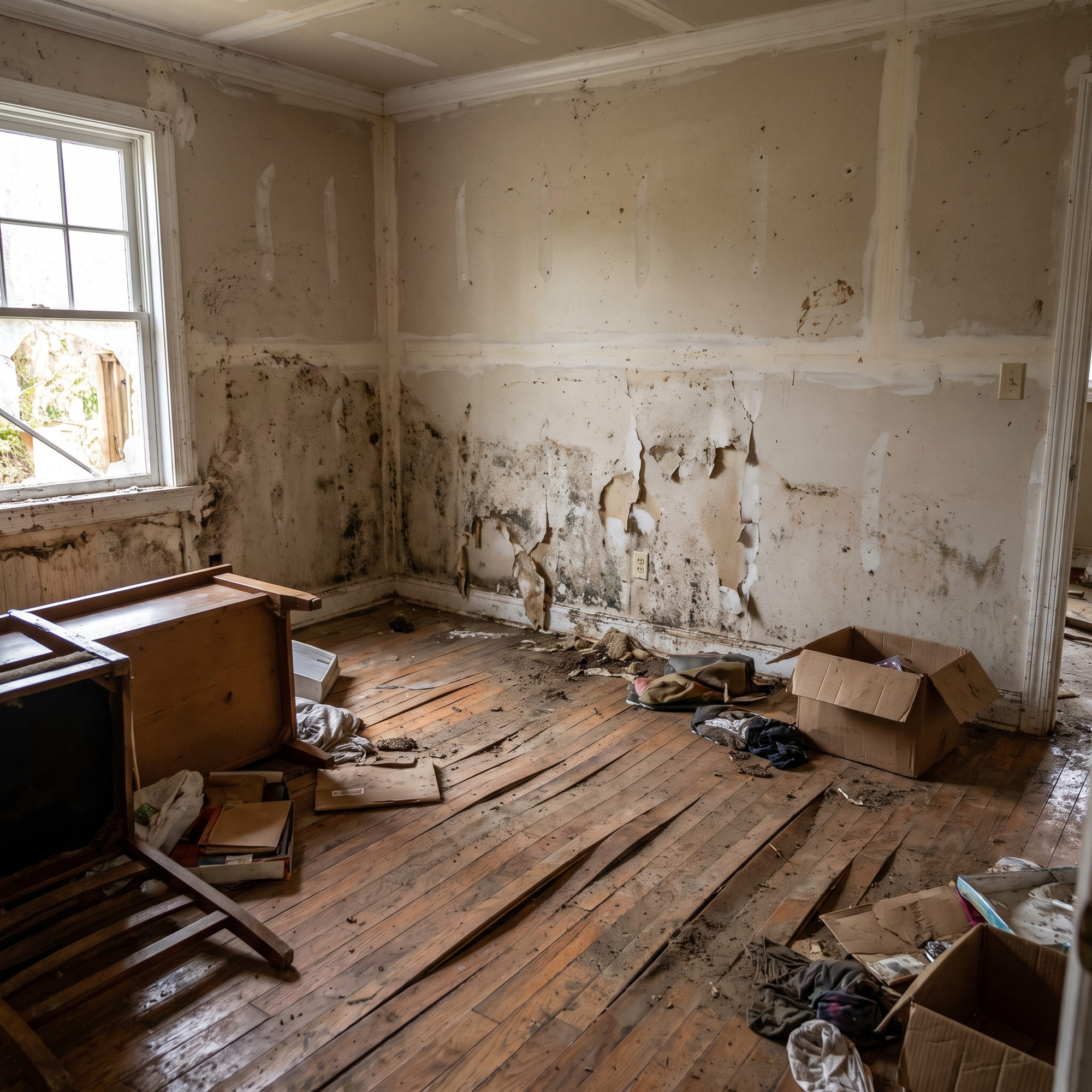 The interior of a home damaged by storm or hurricane flooding, water-soaked walls, warped flooring and debris, photograp