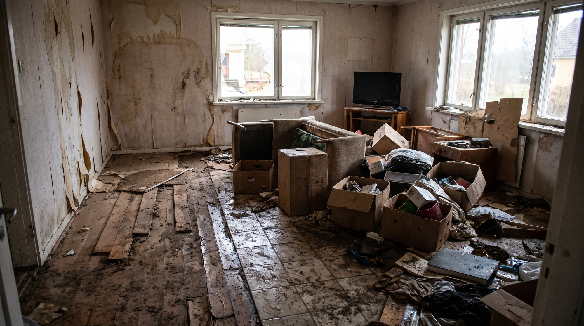 The interior of a home damaged by storm or hurricane flooding, water-soaked walls, warped flooring and debris, photograp