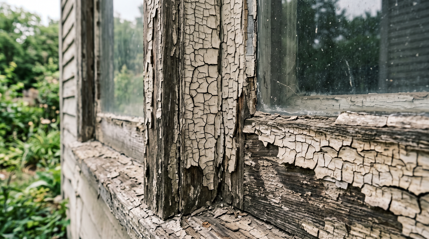 A close-up of cracked, peeling old lead paint alligatoring on a wooden window frame of a vintage home