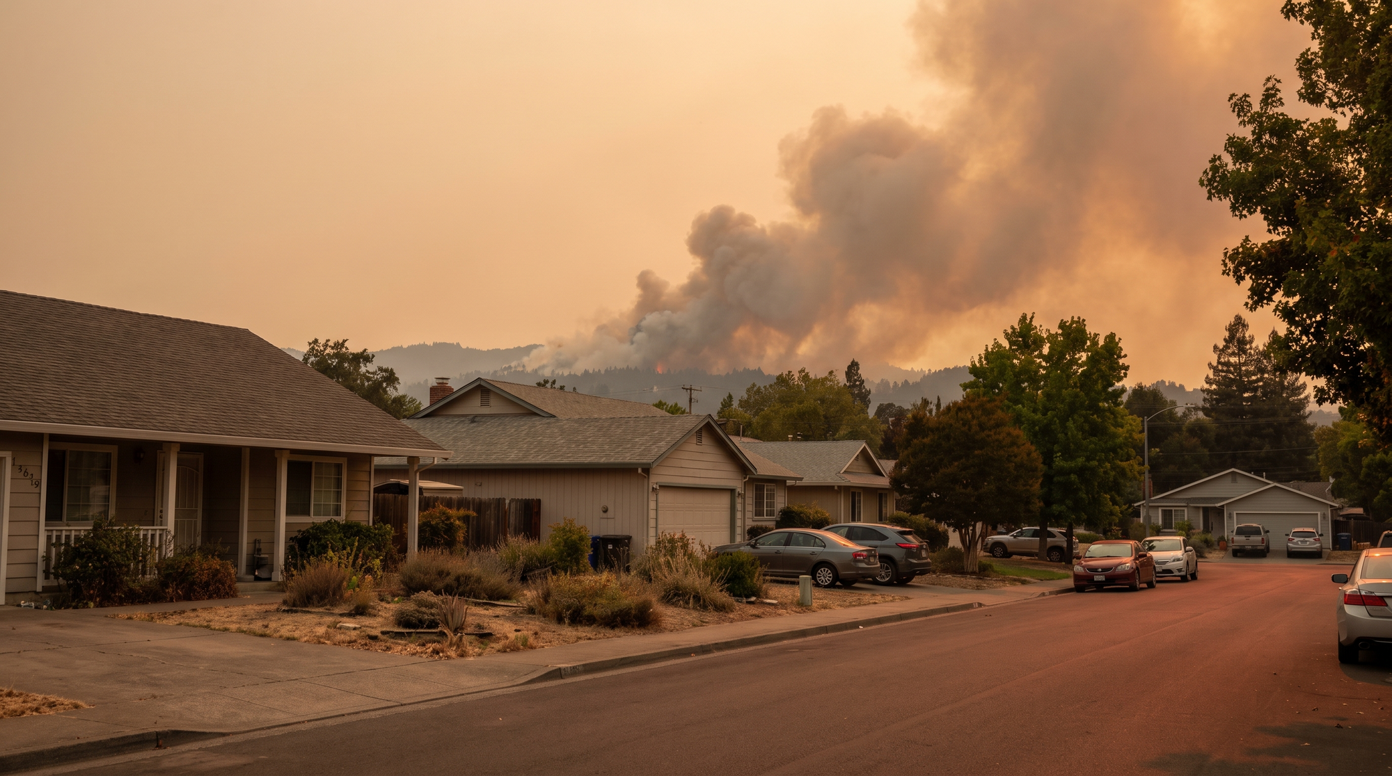 A residential neighborhood under a hazy orange sky with distant wildfire smoke, homes in the foreground