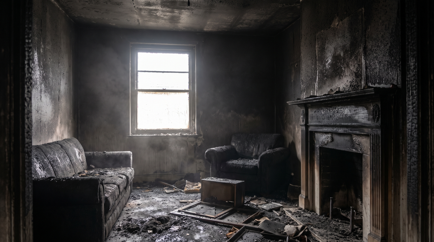The interior of a home coated in black soot and smoke residue after a house fire, darkened walls and ceiling