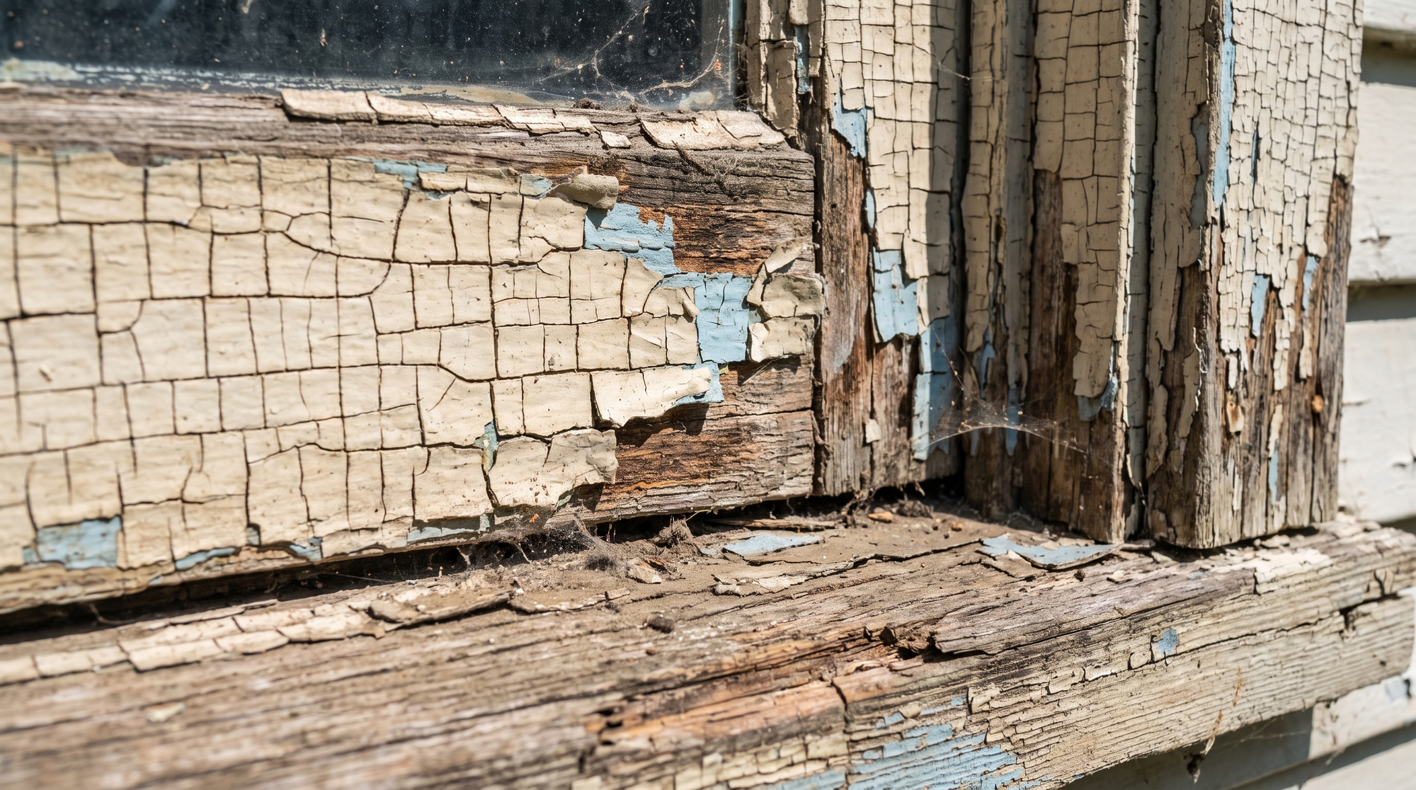 A close-up of cracked, peeling old lead paint alligatoring on a wooden window frame of a vintage home