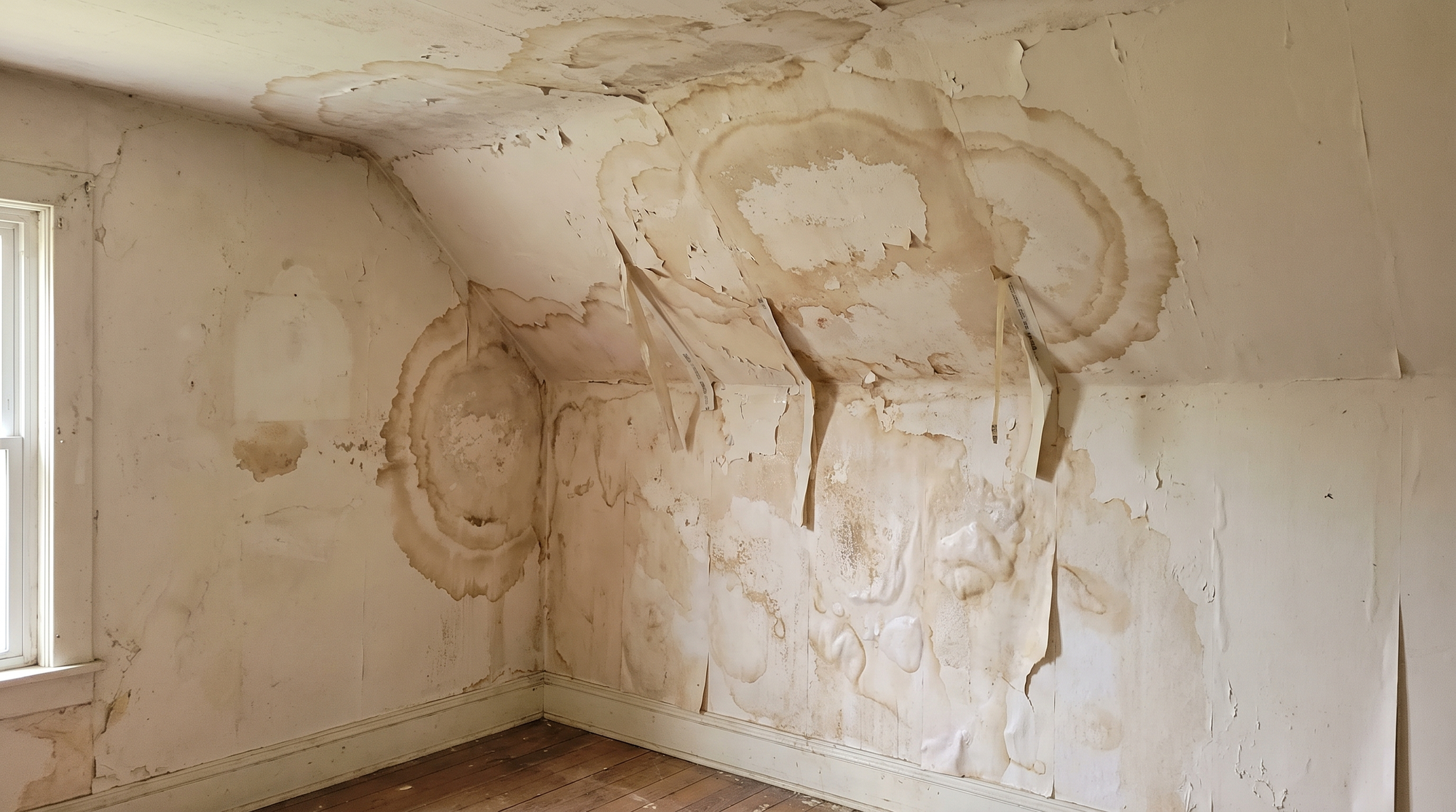 A water-stained interior ceiling and wall of a home showing brown moisture damage rings and peeling paint