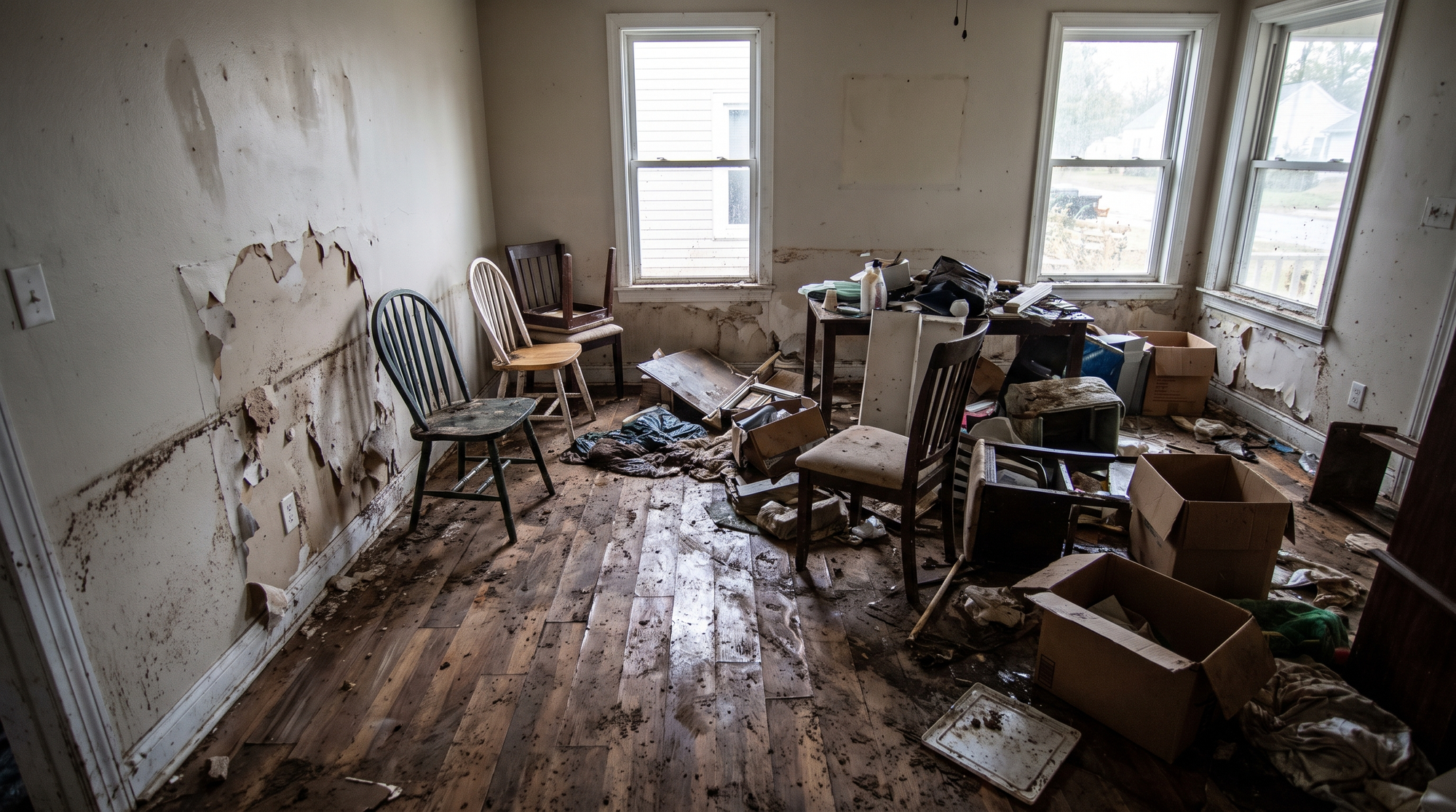The interior of a home damaged by storm or hurricane flooding, water-soaked walls, warped flooring and debris, photograp