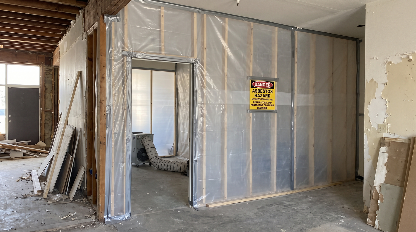 An asbestos abatement containment work area sealed with plastic sheeting and a hazard warning sign inside a building und