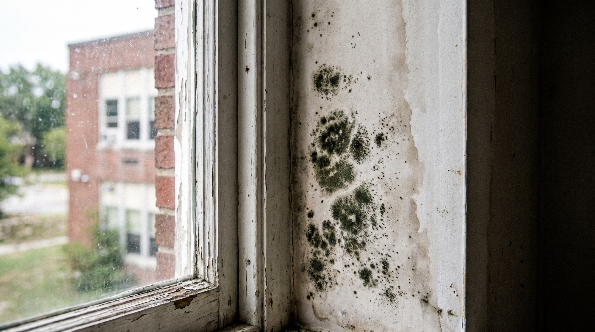 A close-up of black and green mold spreading across the interior drywall of a home, near a window frame