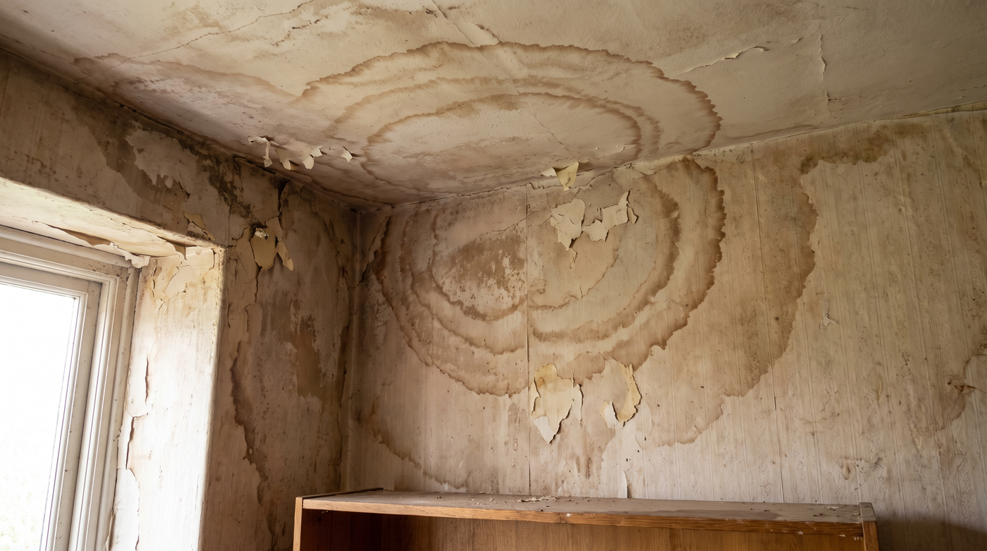 A water-stained interior ceiling and wall of a home showing brown moisture damage rings and peeling paint