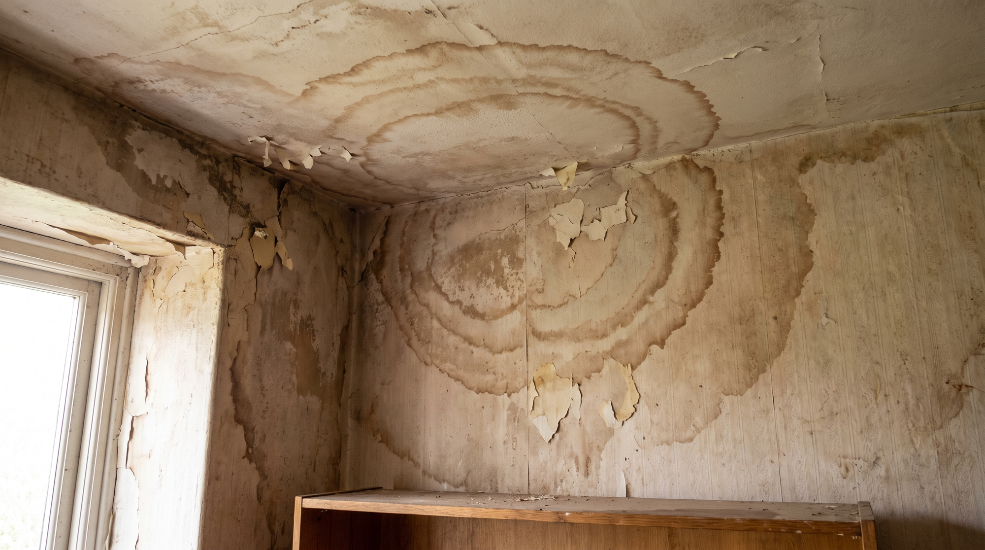 A water-stained interior ceiling and wall of a home showing brown moisture damage rings and peeling paint