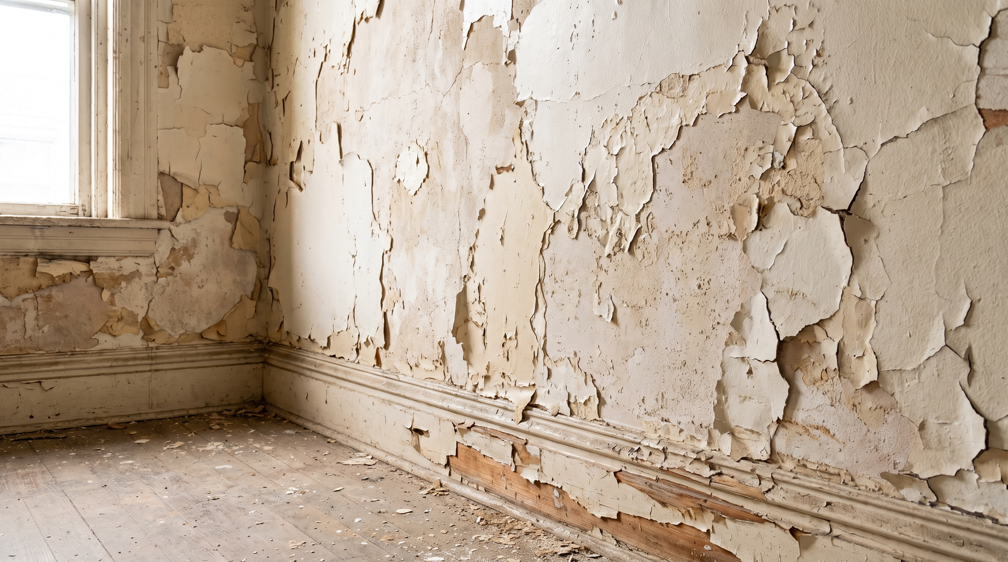 Peeling and chipping old paint on the interior wall and trim of an aging residential home