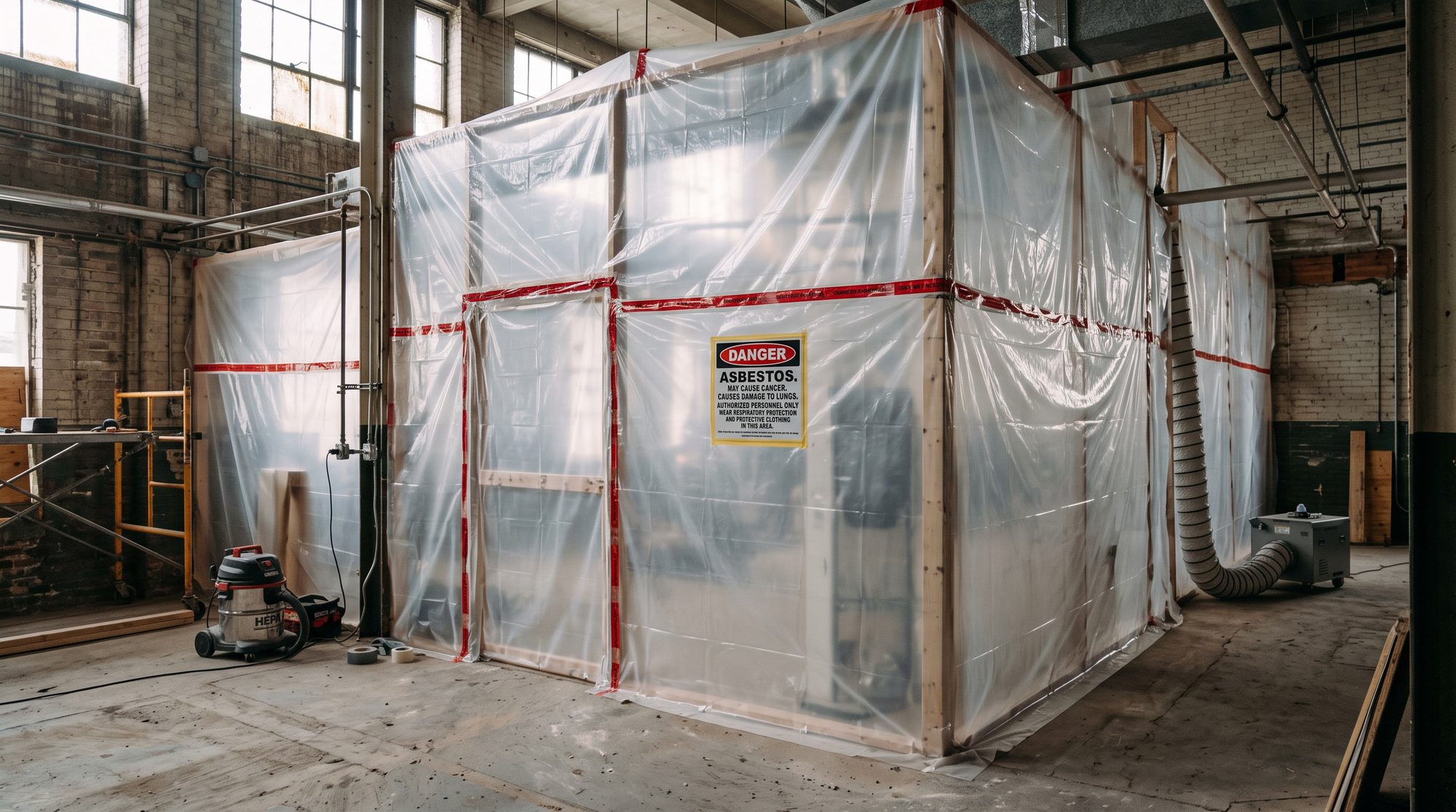 An asbestos abatement containment work area sealed with plastic sheeting and a hazard warning sign inside a building und