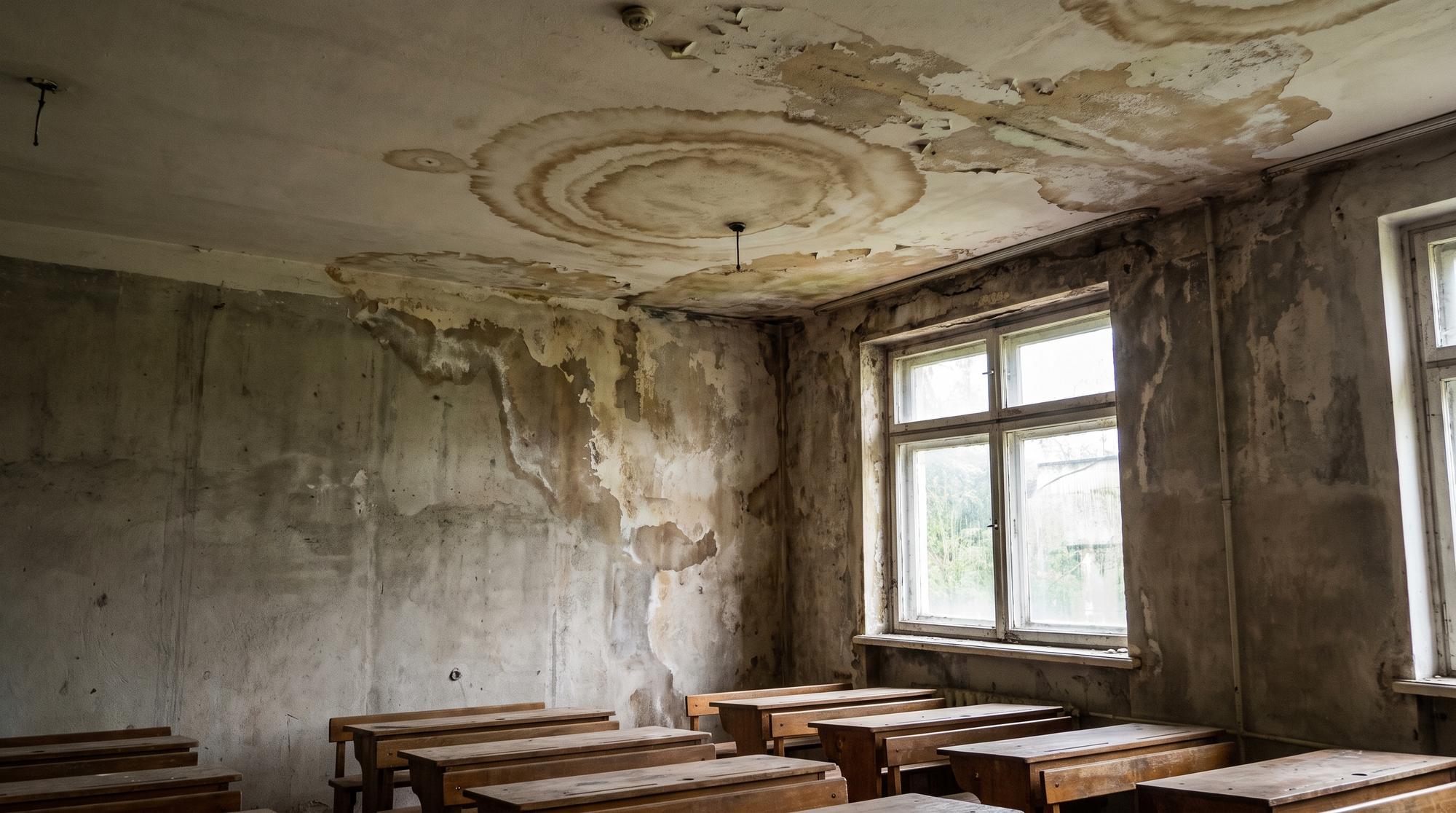 A water-stained interior ceiling and wall of a home showing brown moisture damage rings and peeling paint