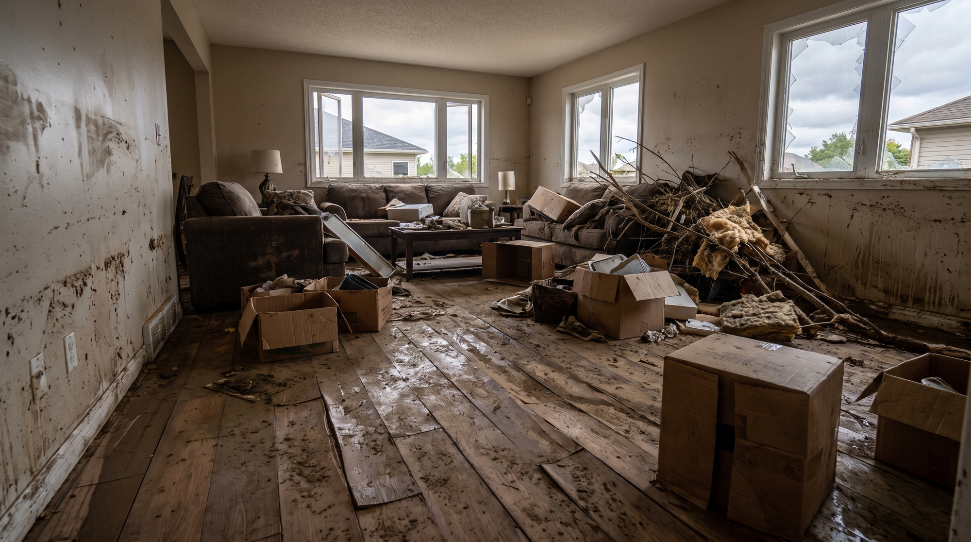 The interior of a home damaged by storm or hurricane flooding, water-soaked walls, warped flooring and debris, photograp