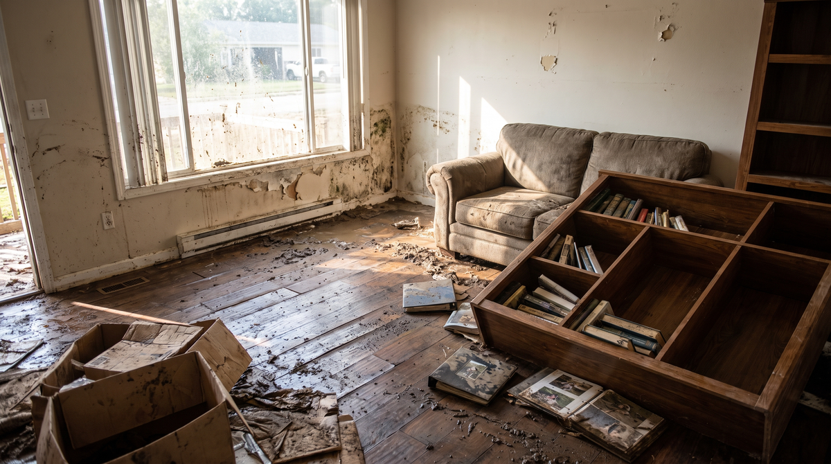 The interior of a home damaged by storm or hurricane flooding, water-soaked walls, warped flooring and debris, photograp