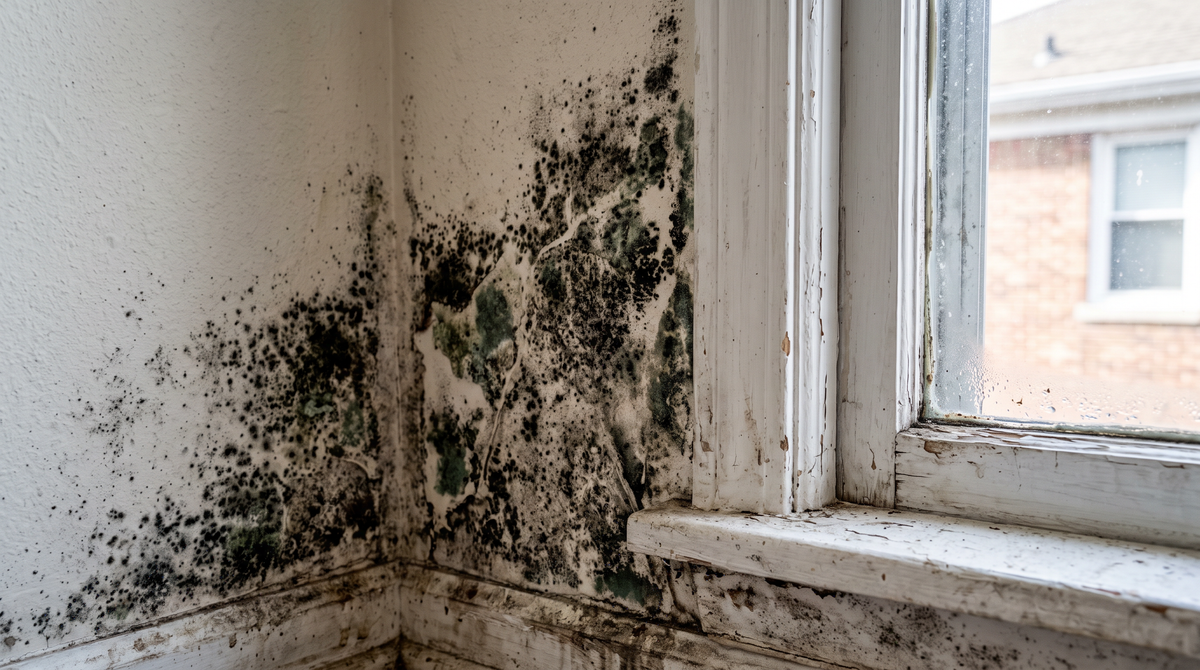 A close-up of black and green mold spreading across the interior drywall of a home, near a window frame
