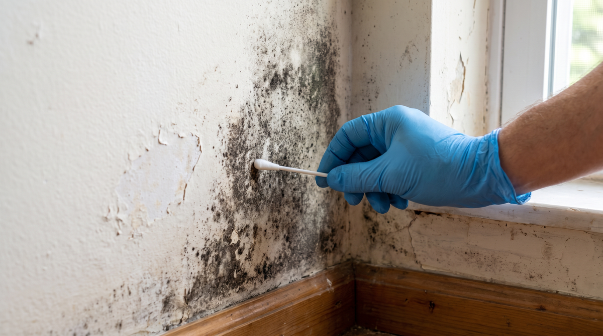 A gloved hand pressing a surface sampling swab against a patch of dark mold on an interior wall of a home, close-up, cle