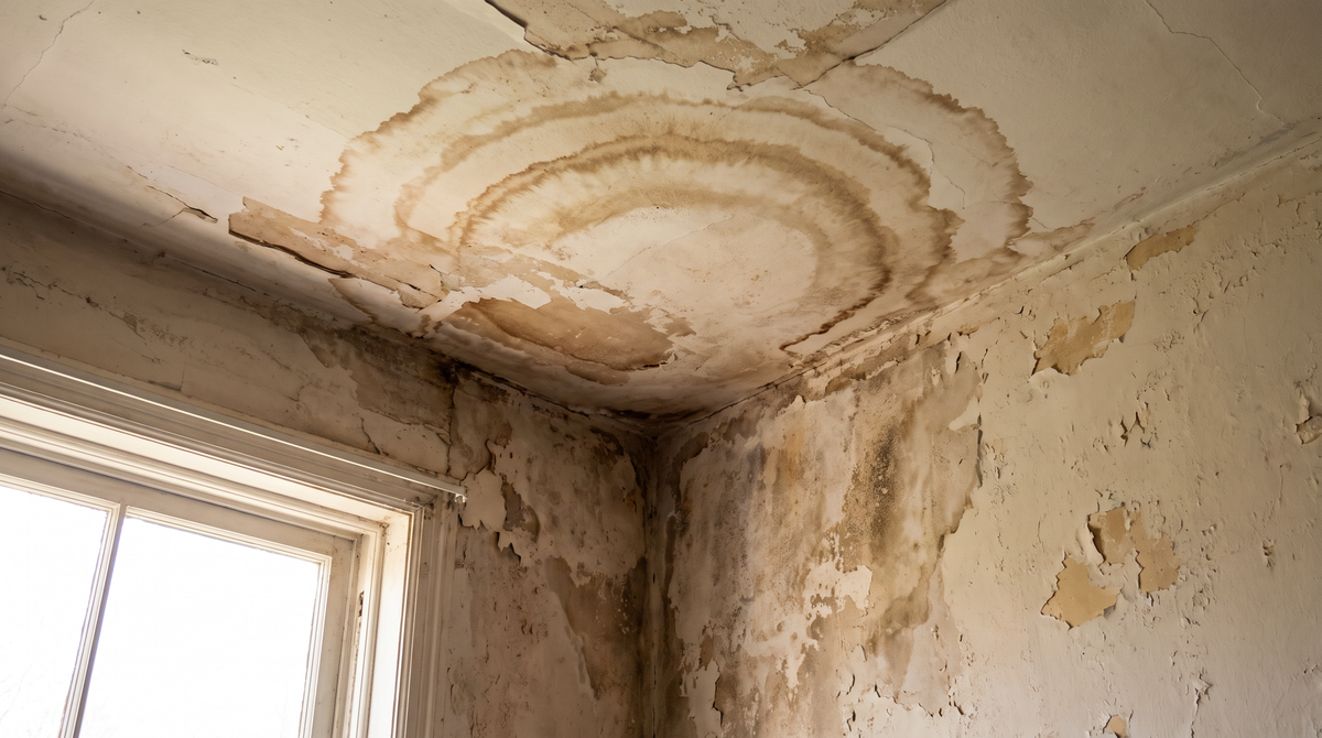A water-stained interior ceiling and wall of a home showing brown moisture damage rings and peeling paint