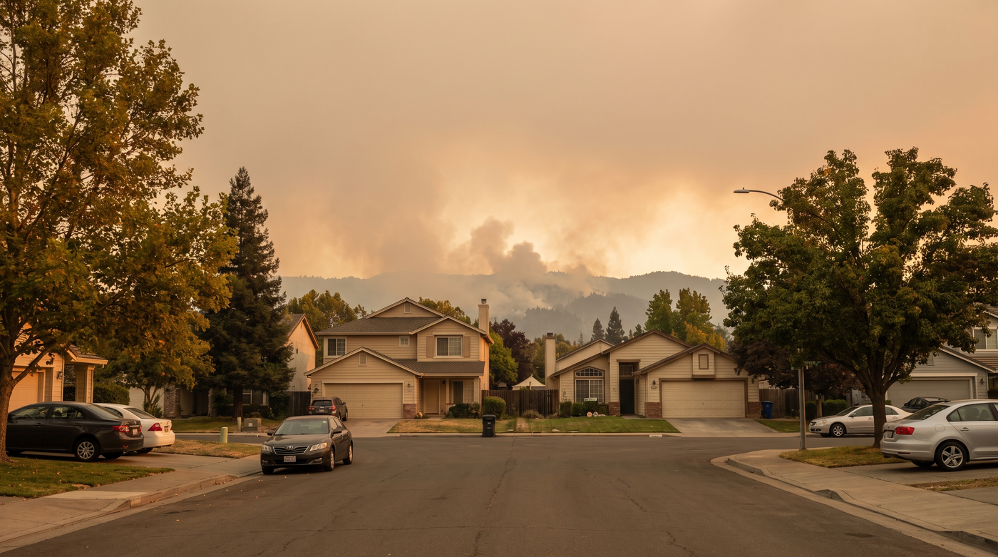A residential neighborhood under a hazy orange sky with distant wildfire smoke, homes in the foreground