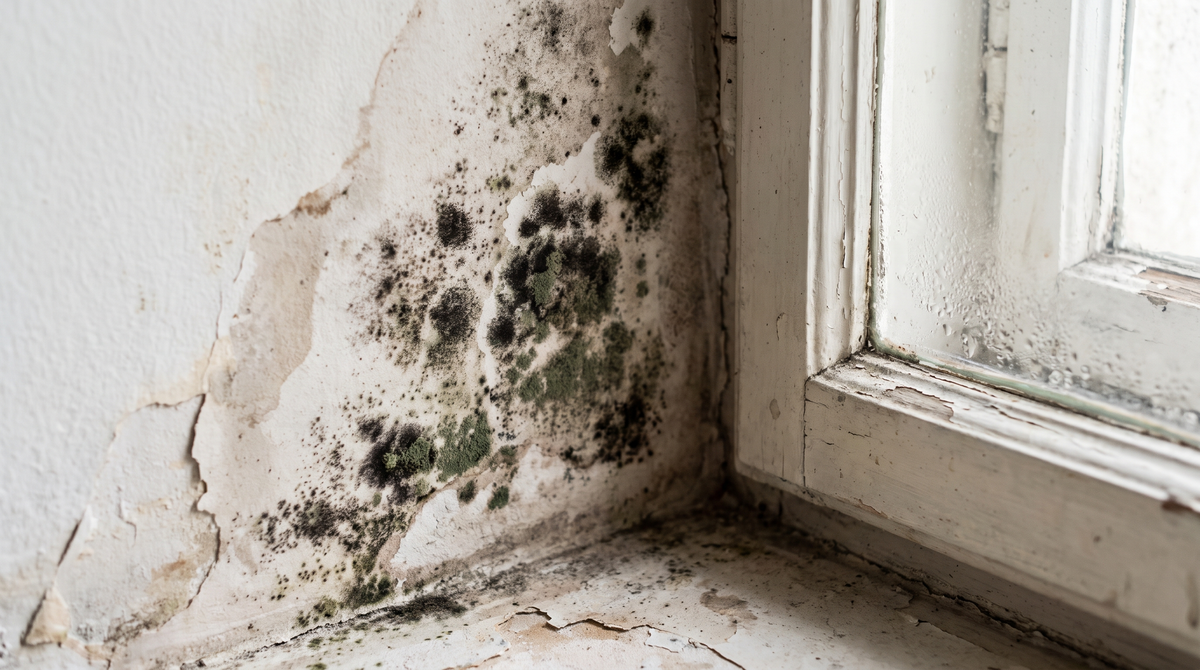 A close-up of black and green mold spreading across the interior drywall of a home, near a window frame