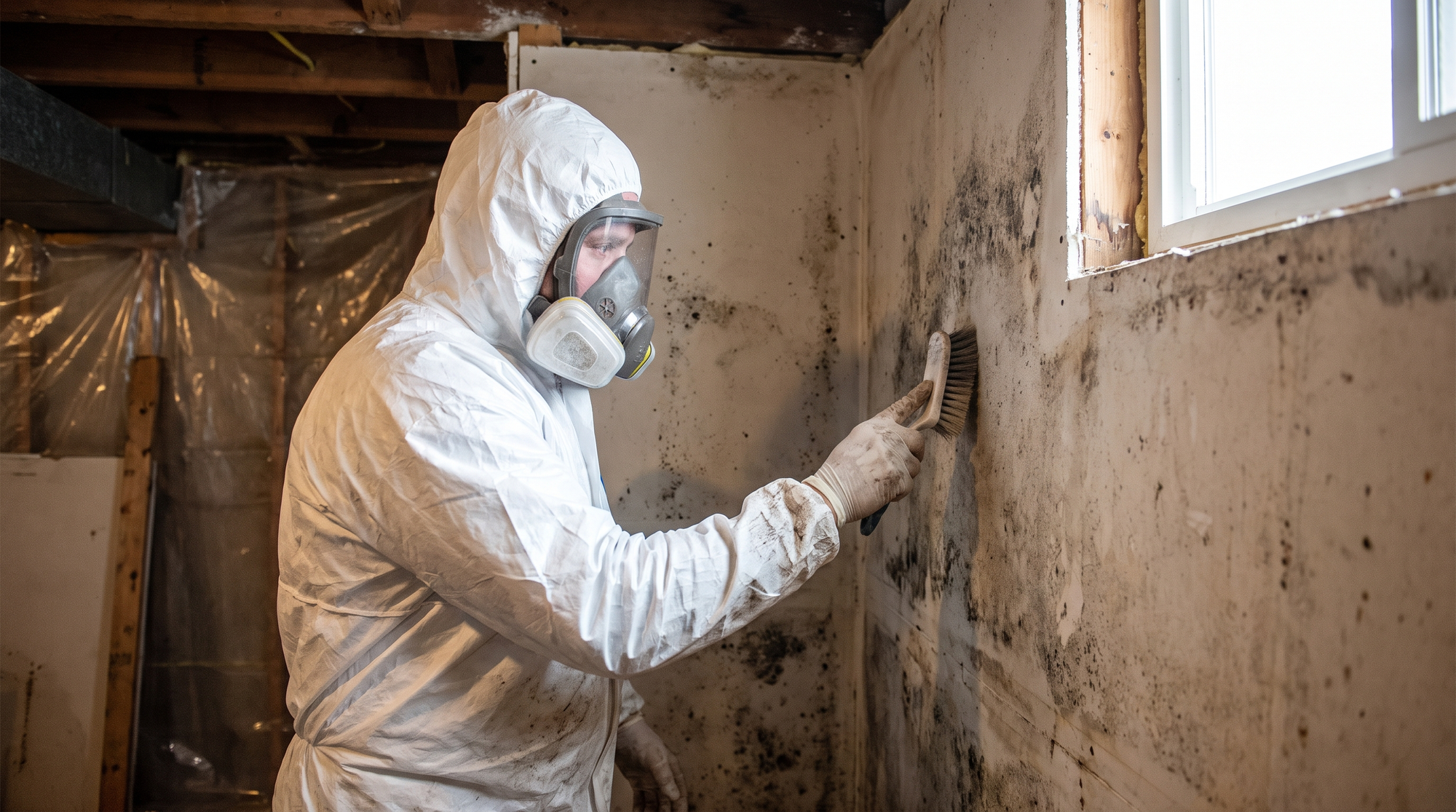 A mold remediation technician in protective coveralls and respirator cleaning a mold-damaged interior wall of a home
