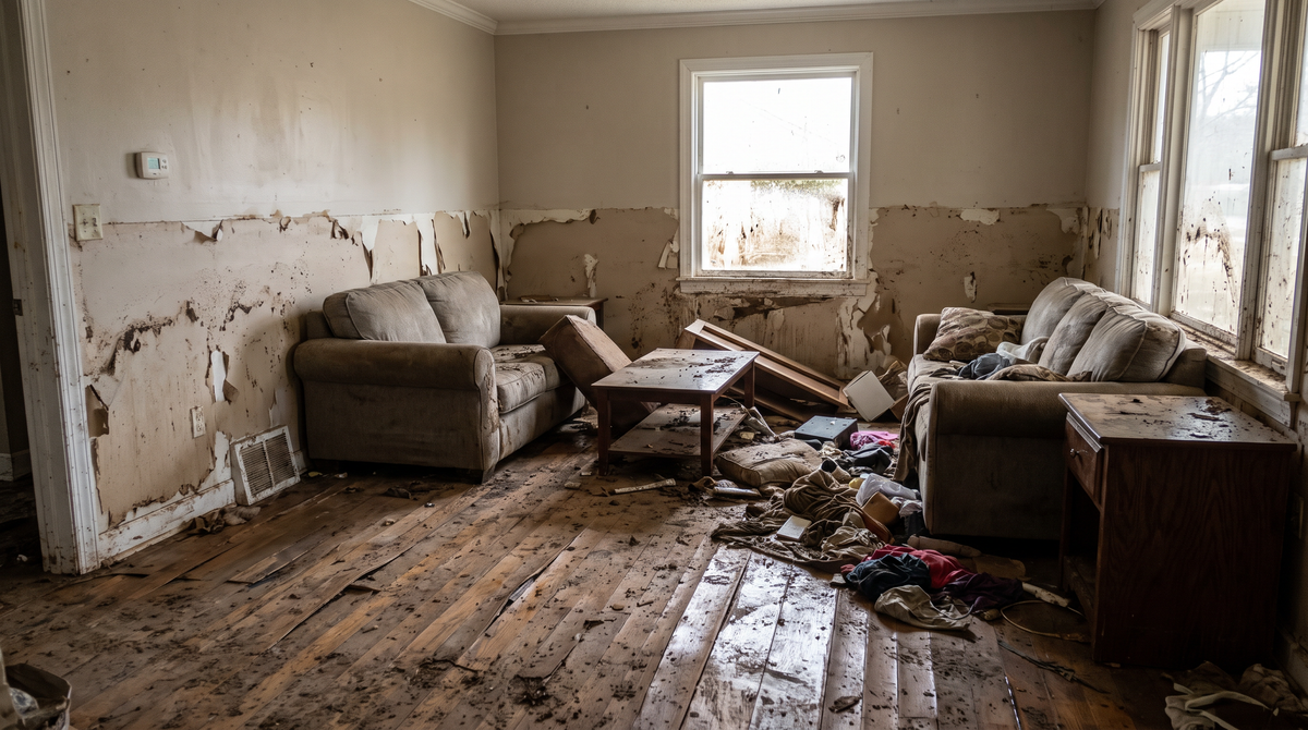 The interior of a home damaged by storm or hurricane flooding, water-soaked walls, warped flooring and debris, photograp