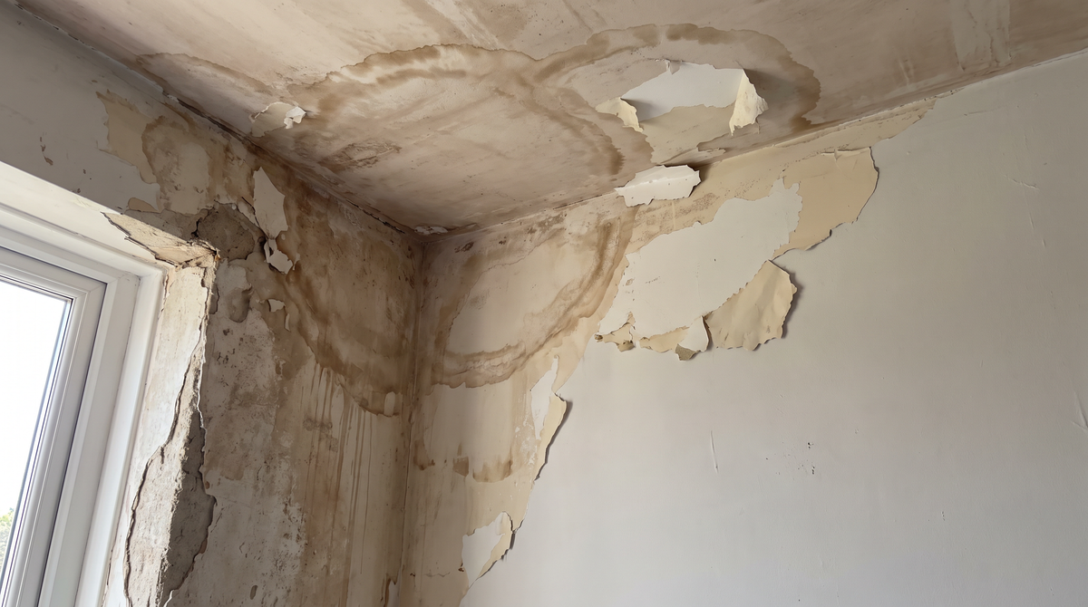 A water-stained interior ceiling and wall of a home showing brown moisture damage rings and peeling paint