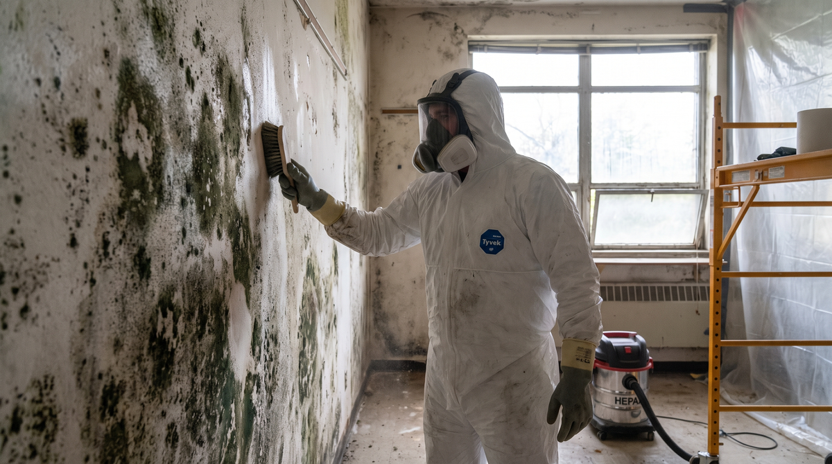 A mold remediation technician in protective coveralls and respirator cleaning a mold-damaged interior wall of a home
