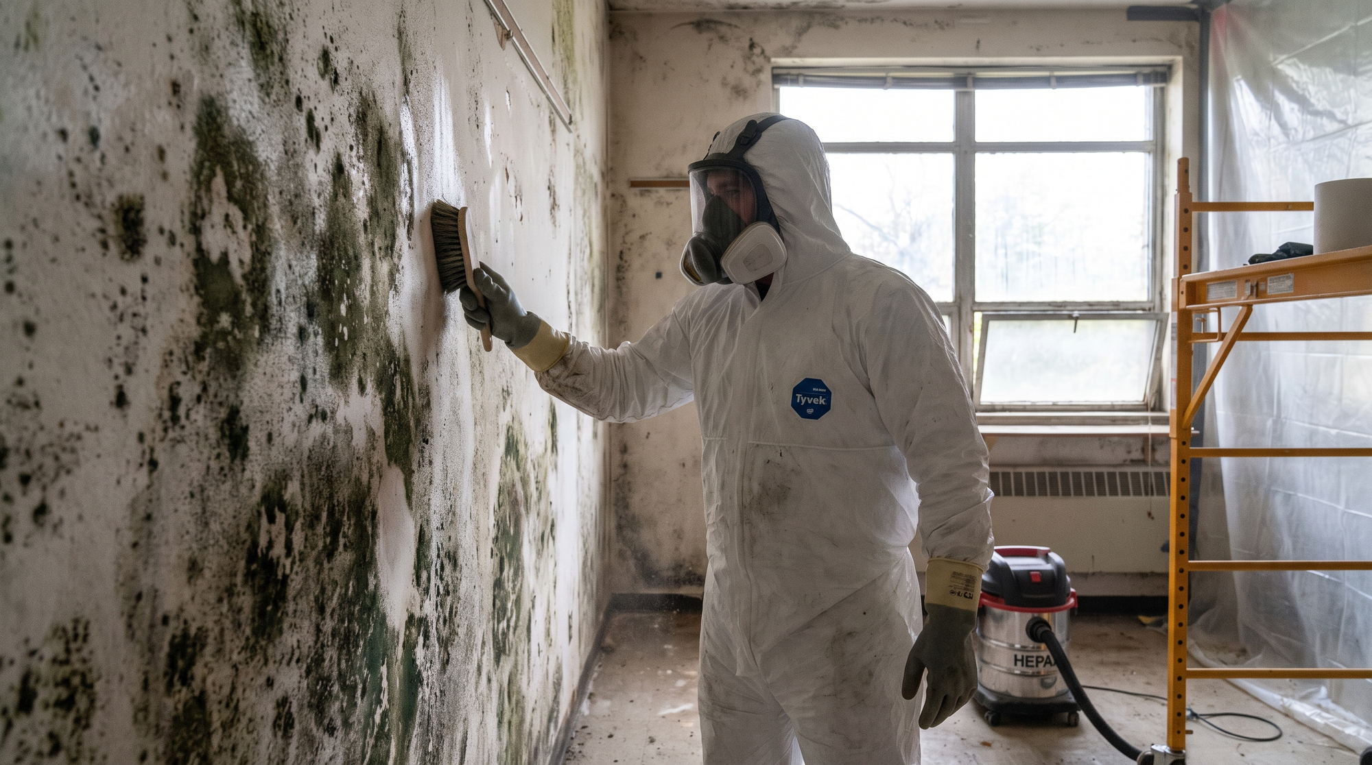 A mold remediation technician in protective coveralls and respirator cleaning a mold-damaged interior wall of a home