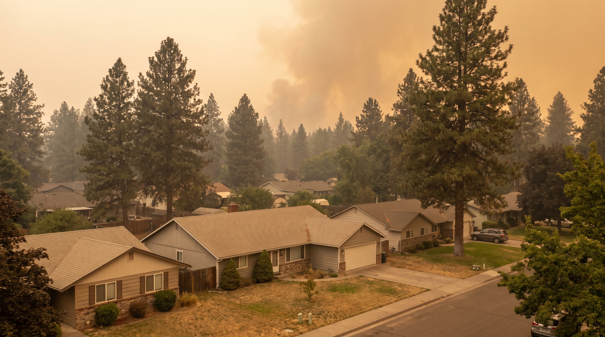 A residential neighborhood under a hazy orange sky with distant wildfire smoke, homes in the foreground