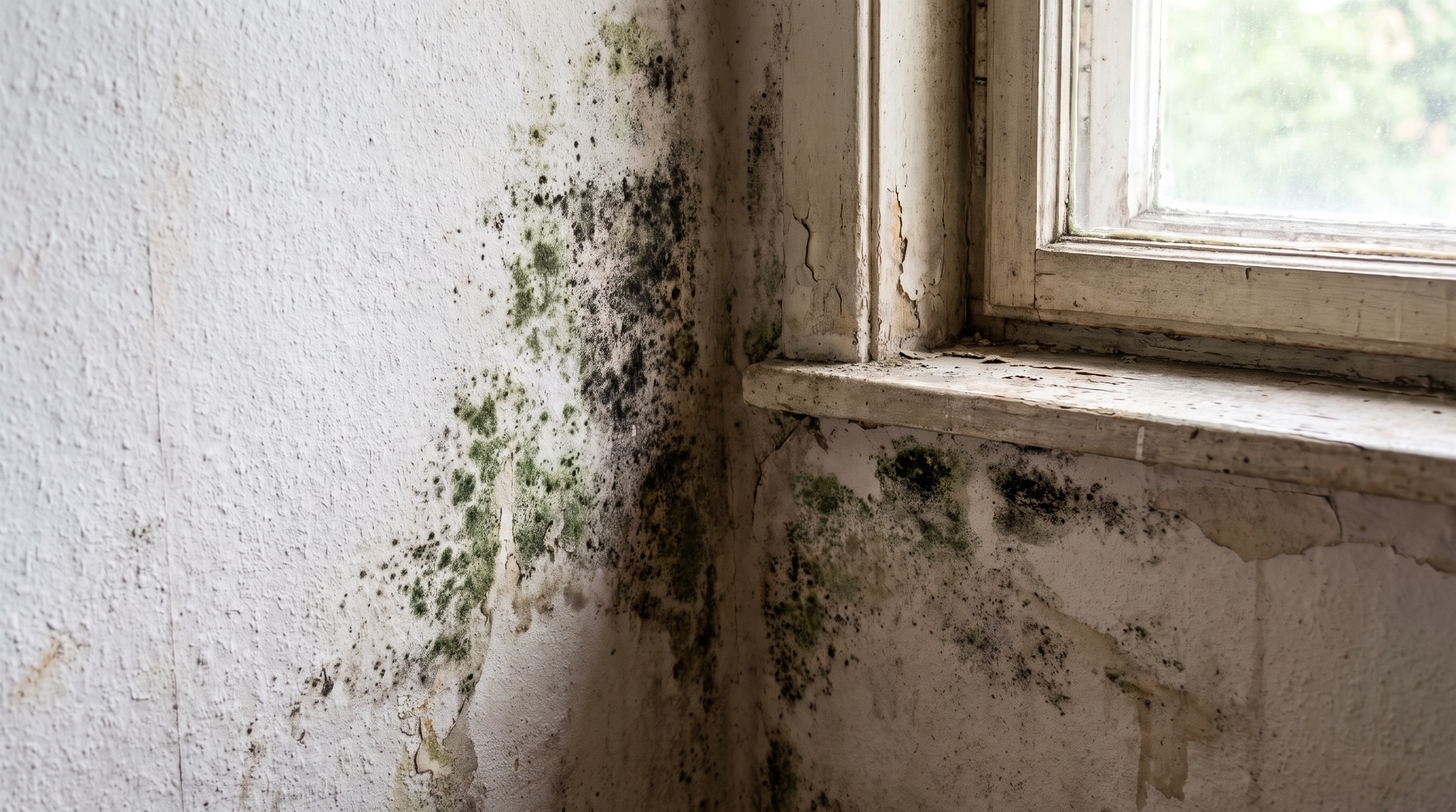 A close-up of black and green mold spreading across the interior drywall of a home, near a window frame