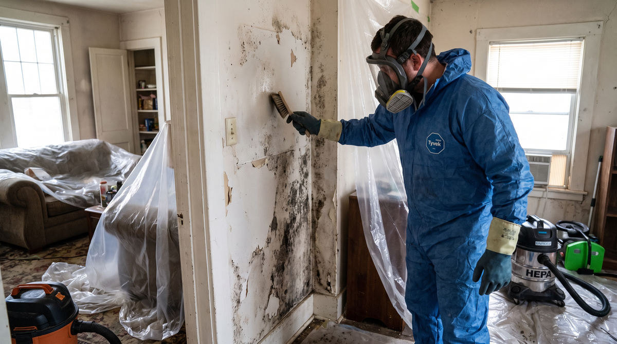 A mold remediation technician in protective coveralls and respirator cleaning a mold-damaged interior wall of a home