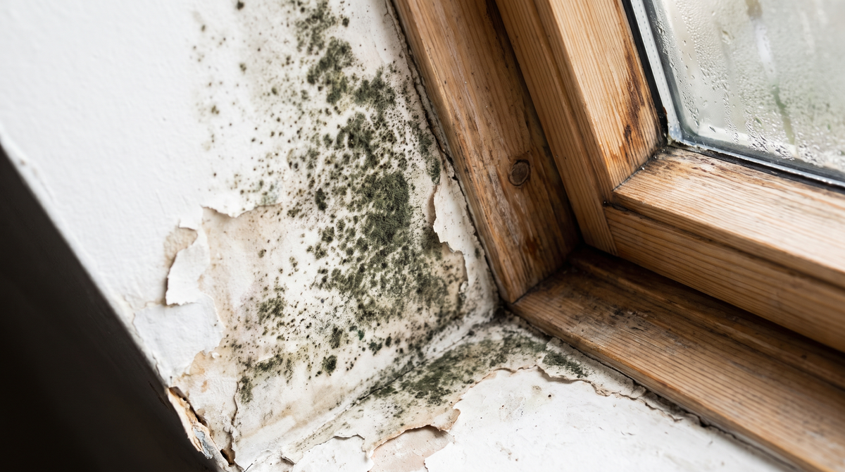 A close-up of black and green mold spreading across the interior drywall of a home, near a window frame