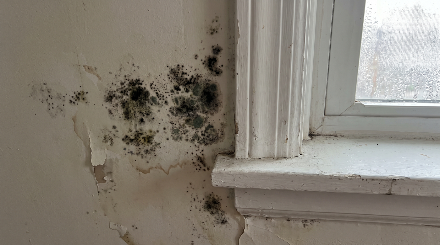 A close-up of black and green mold spreading across the interior drywall of a home, near a window frame