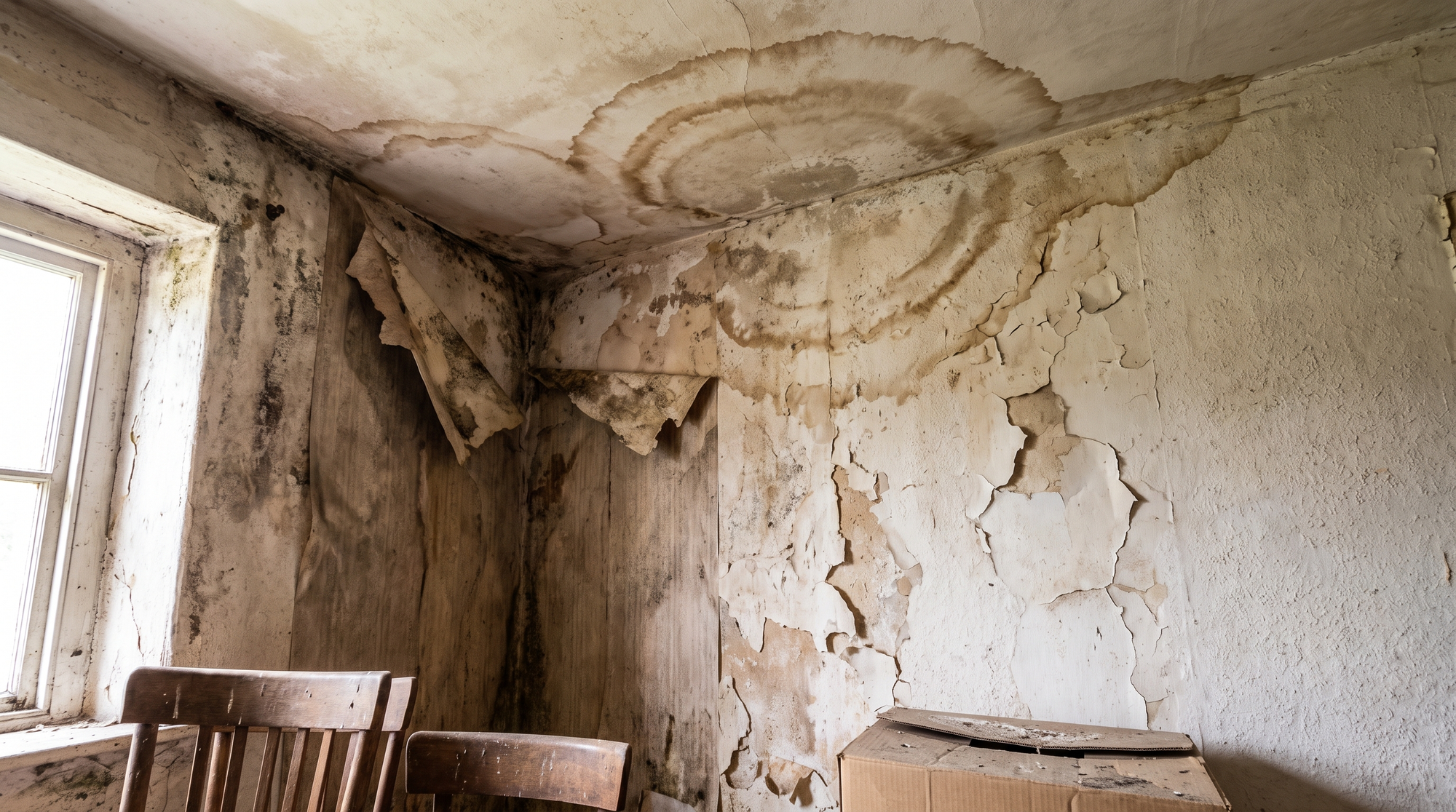A water-stained interior ceiling and wall of a home showing brown moisture damage rings and peeling paint