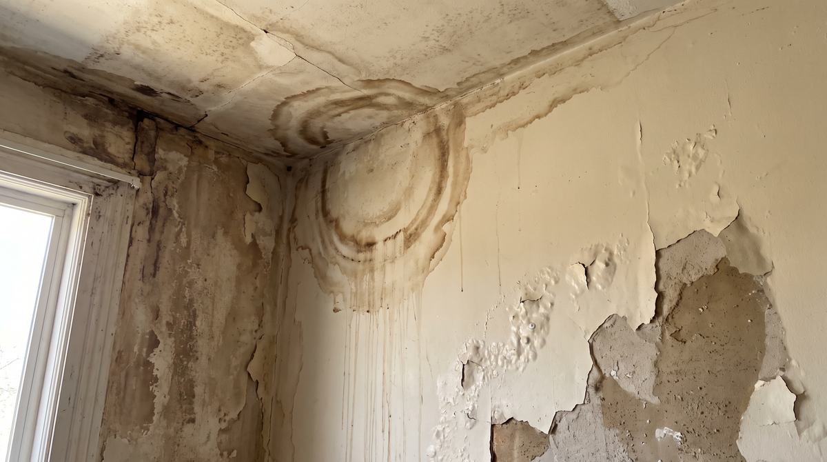 A water-stained interior ceiling and wall of a home showing brown moisture damage rings and peeling paint