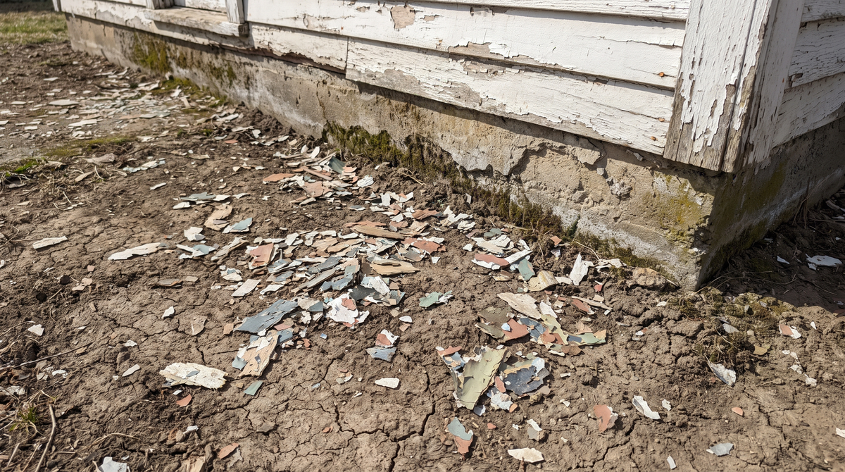 Chips of peeling old paint scattered on bare soil beside the foundation of an aging house, outdoor daylight