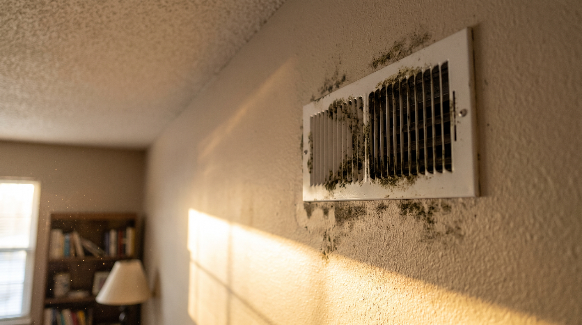 A close-up of black and green mold spreading across the interior drywall of a home, near a window frame