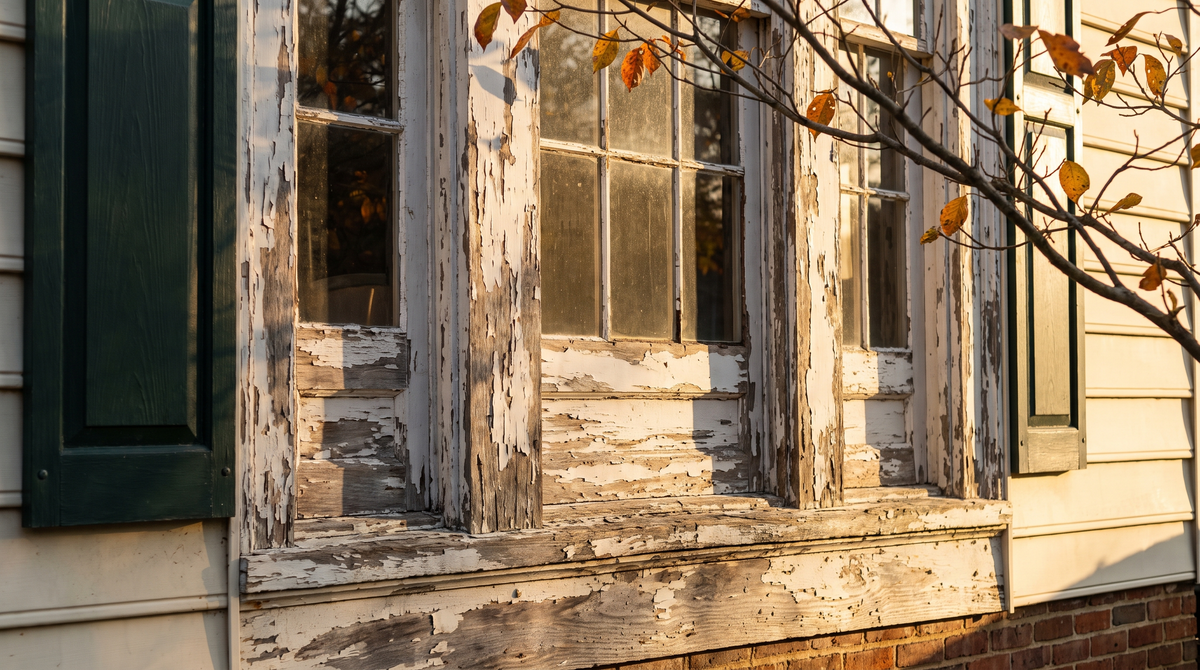 A close-up of cracked, peeling old lead paint alligatoring on a wooden window frame of a vintage home