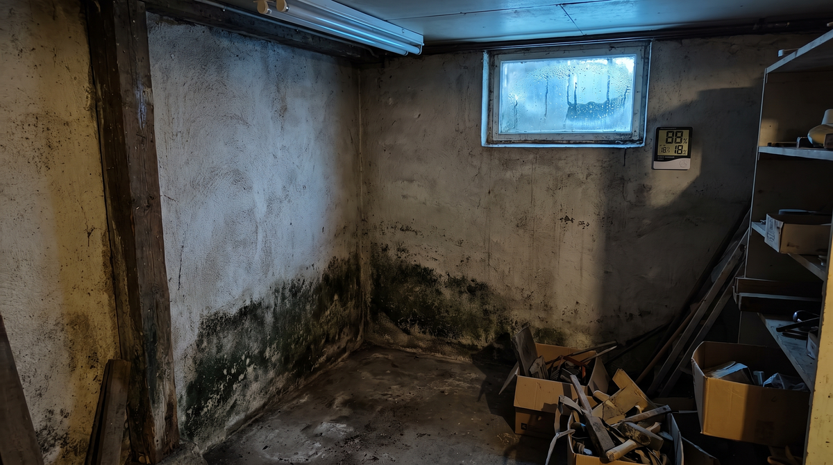 A water-stained interior ceiling and wall of a home showing brown moisture damage rings and peeling paint