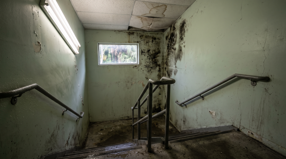 A water-stained interior ceiling and wall of a home showing brown moisture damage rings and peeling paint