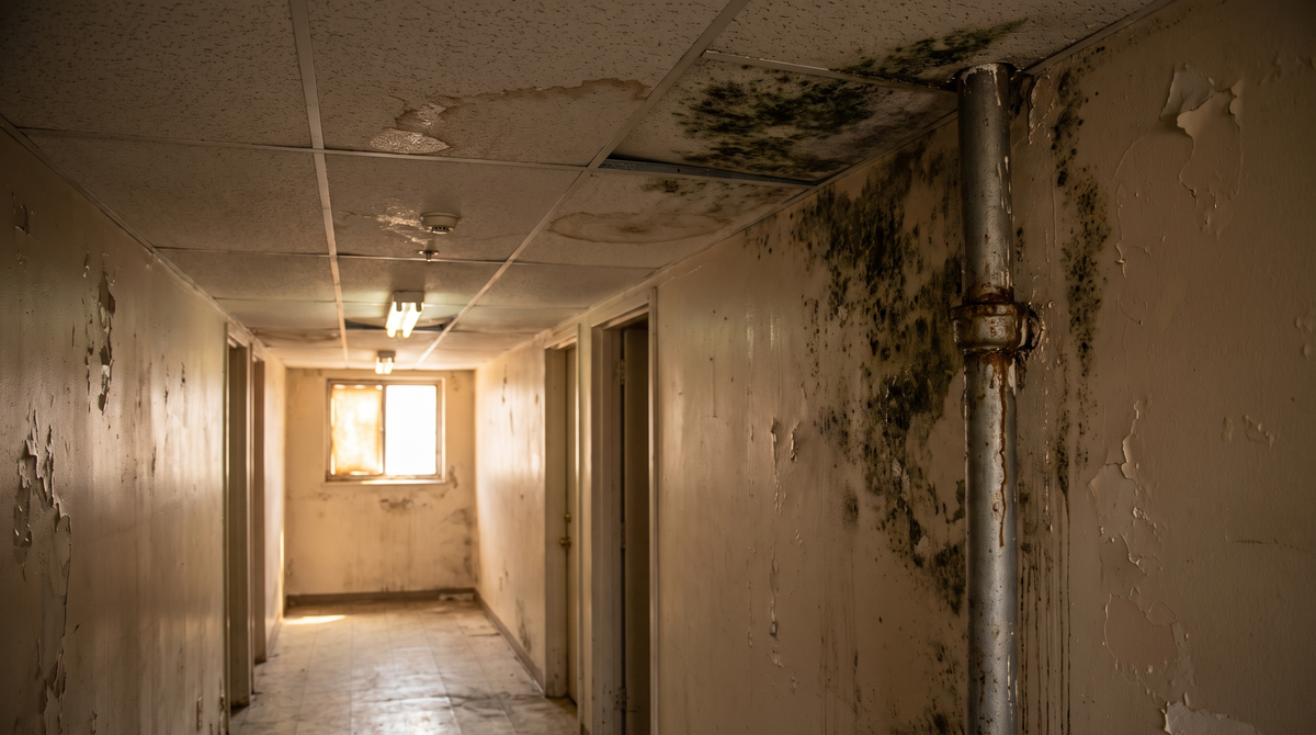A water-stained interior ceiling and wall of a home showing brown moisture damage rings and peeling paint