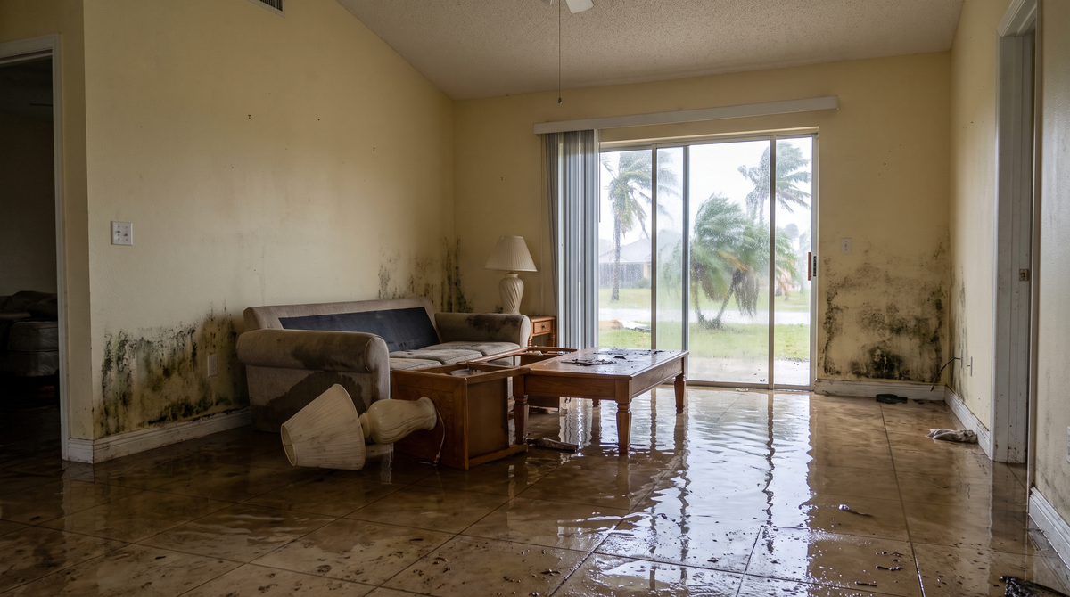 The interior of a home damaged by storm or hurricane flooding, water-soaked walls, warped flooring and debris, photograp