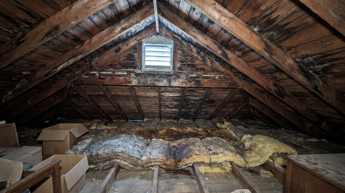A water-stained interior ceiling and wall of a home showing brown moisture damage rings and peeling paint