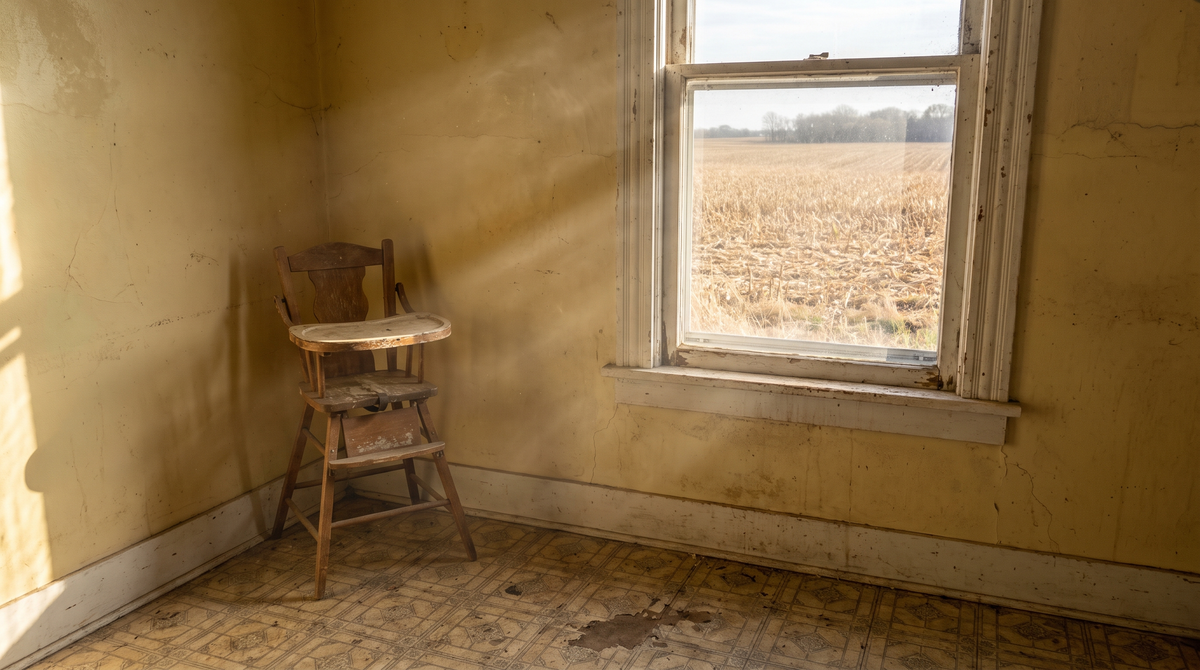 Peeling and chipping old paint on the interior wall and trim of an aging residential home