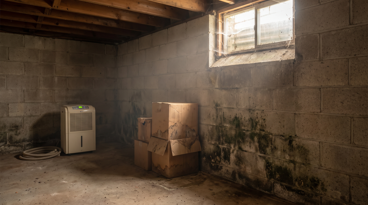 A mold remediation technician in protective coveralls and respirator cleaning a mold-damaged interior wall of a home
