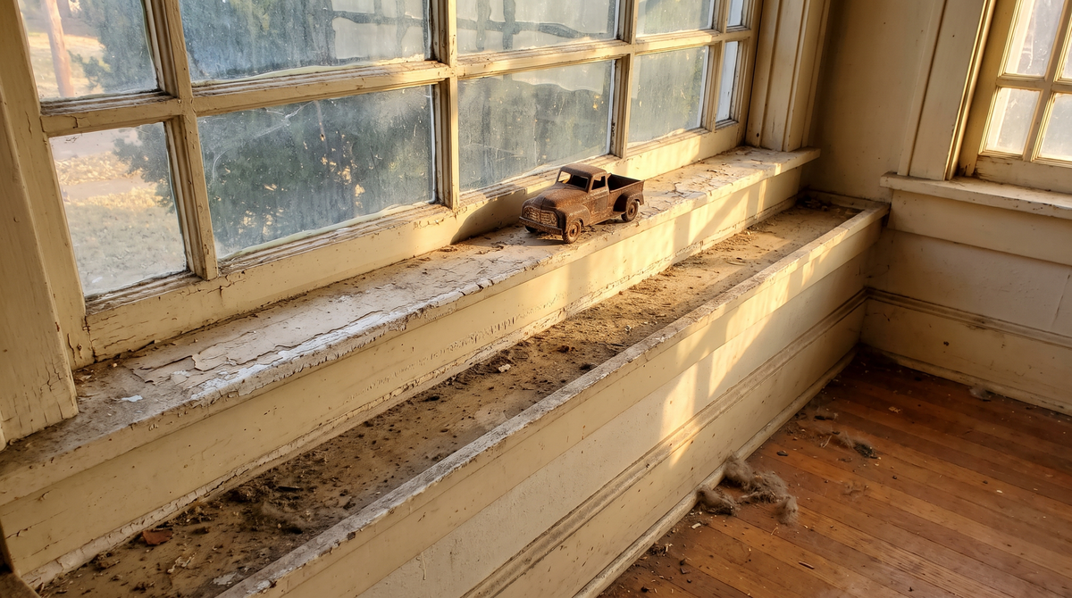 Peeling and chipping old paint on the interior wall and trim of an aging residential home