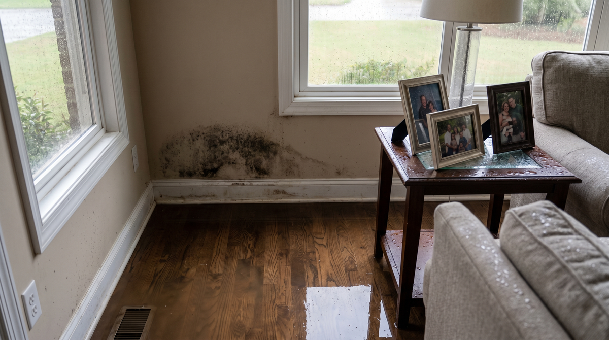 A water-stained interior ceiling and wall of a home showing brown moisture damage rings and peeling paint