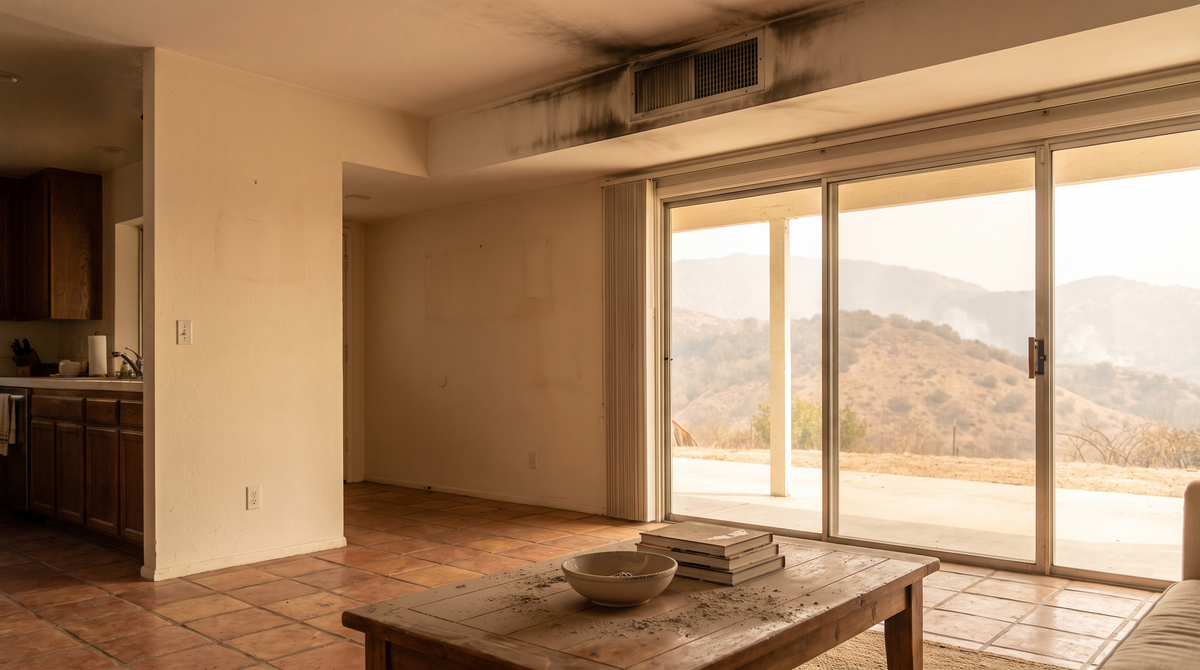 The interior of a home coated in black soot and smoke residue after a house fire, darkened walls and ceiling