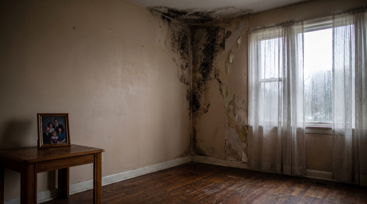 The interior of a home damaged by storm or hurricane flooding, water-soaked walls, warped flooring and debris, photograp