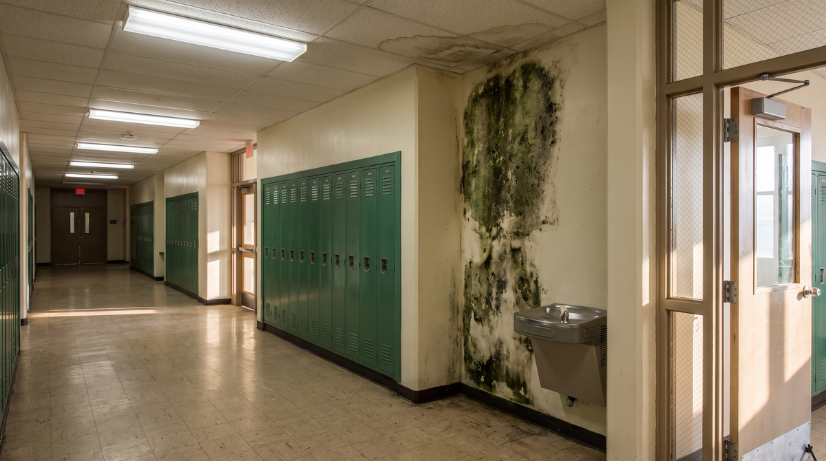 A close-up of black and green mold spreading across the interior drywall of a home, near a window frame